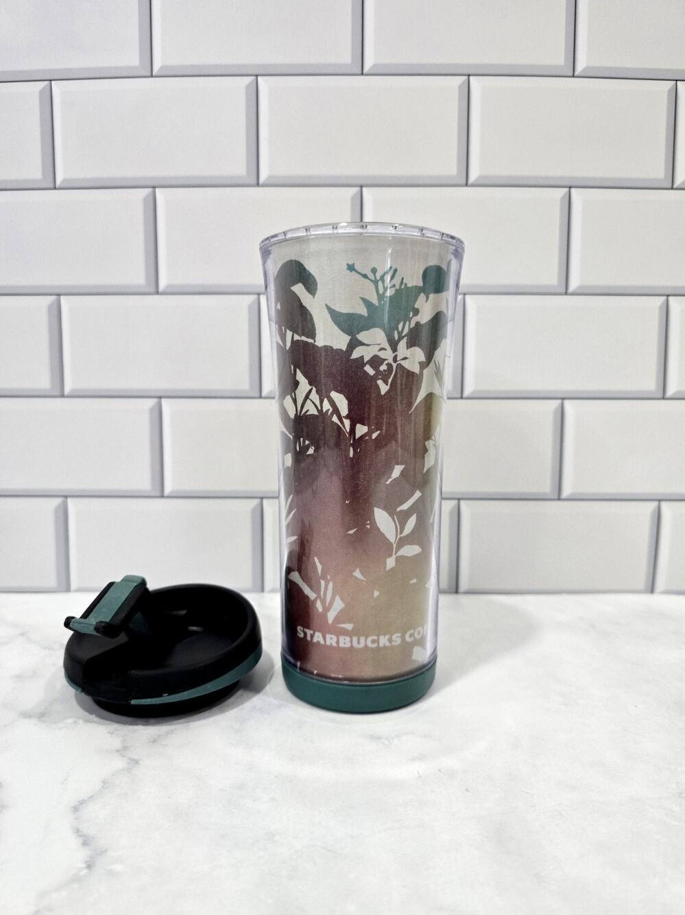Starbucks 2007 Green/Blue/Brown Leaves Tumbler Insulated Flip Lid 16 Oz